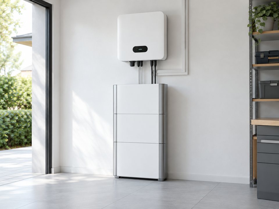 Inversor e baterias instalados na parede de uma garagem
