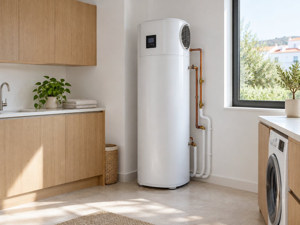 Bomba de calor compacta para água quente numa lavandaria