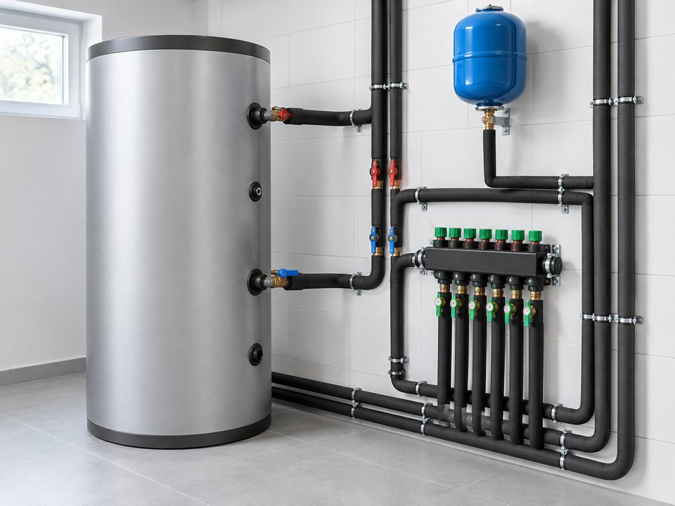 Sala técnica com depósito de inércia, vasos de expansão e coletores de distribuição