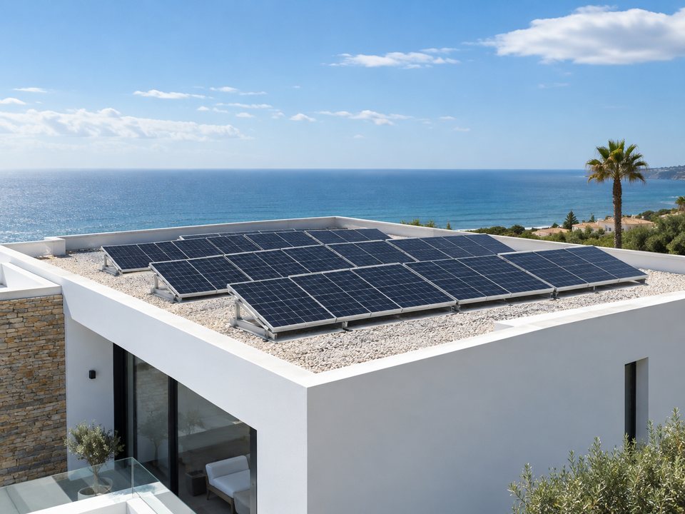 Painéis fotovoltaicos na cobertura plana de uma moradia junto ao mar