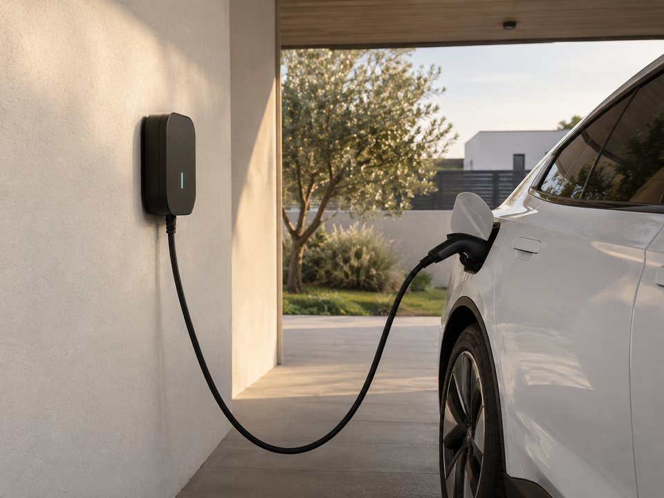 Carregador de veículo elétrico na parede de uma garagem