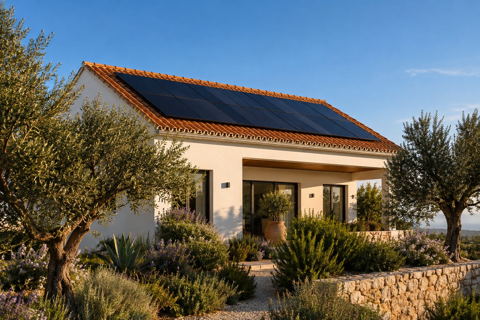 Moradia com painéis fotovoltaicos no telhado de telha
