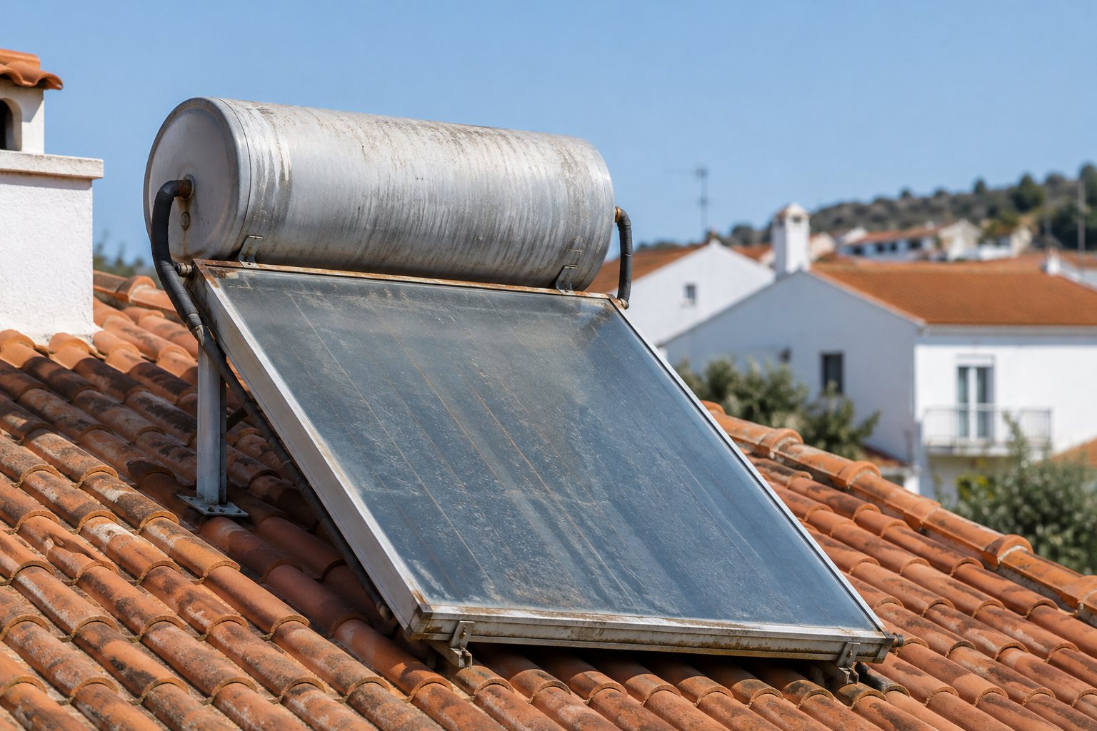 Coletor solar térmico antigo num telhado de telha